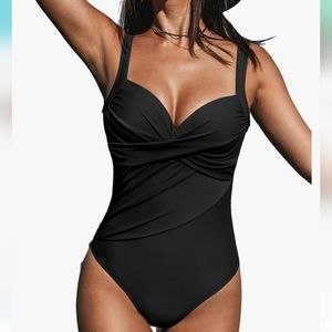 One piece Bathing Suit V Neck Twist Ruched Wide Straps U Back Tummy Control Sz M